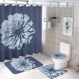 Shower Curtains Blue Chrysanthemum Printed Curtain Modern Non-slip Carpet Waterproof Polyester Home Decoration 180x180