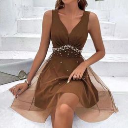 Casual Dresses Women Evening Dress Elegant V Neck Pearl Embellished A-line Mesh For High Waist Ball Gown Prom Mini Summer