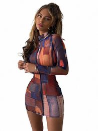 tie Dye Print Lg Sleeve Mini Dr High Neck Bodyc Sexy Streetwear Party Club Women 2022 Summer Clothes Slim Fi a92E#