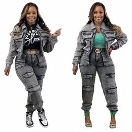 wed Women Denim 2 Piece Set Jeans Zipper Fly Crop Jacket High Waist Cargo Pants Matching Set 2024 New Popular Tracksuits J24i#