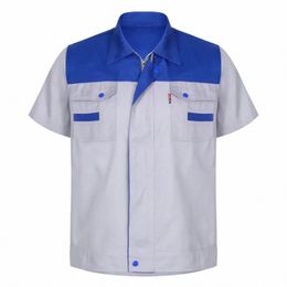 shirts Man Sleeve Work Two-pocket Overalls Top Coat Motor Uniform T-shirts Men Mechanic With Short Workshop Women B5C9#