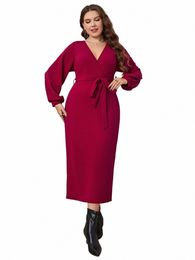 plus Size Spring Elegant Wrap V Neck Women Dr Office Lg Sleeve Solid Colour Self Belt Tie Dres 4XL Maxi Vestidos Robe N4hY#