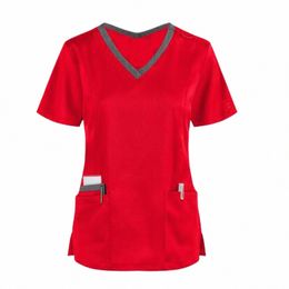 women Pocket Nursing Uniform Ladies Short Sleeve V-neck Care Workers Nurse Working Medical Scrub Uniforms Blouse Tops Uniform 58Kk#