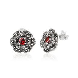 Stud Vintage 16Mm Flower Marcasite Earrings 925 Sterling Sier Inlay 5Mm Garnet Ear For Drop Delivery Jewellery Dhgfg