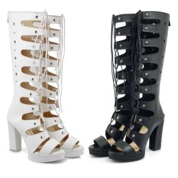 ANOVISHANA Deep Toe Cross-tied Woman Knee Boots Summer Platform Sandal High Heel Pumps Lace Up Female Motorcycle Booties White