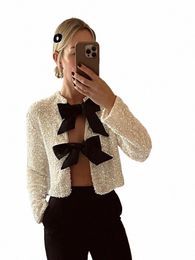 fi Sequins Bowknot Lace Up Cropped Coats Women Sexy Lg Sleeve Glitter Cardigan Coat Elegant Female Party Club Outerwear 82Gd#