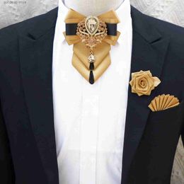 Bow Ties Luxury Rhinestone Bow Tie Brooch Pocket Towel Set Mens High-end Jewellery Gift Fashion New British Korean Men Wedding Accessories Y240329