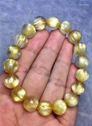 Strand Natural Gold Titanium Rutilated Quart Beads Power Bracelet 11.5mm