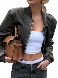 fi Women Bomber Jacket Chic Cropped Leather Short Coat Female Stand Collar Gothic Racing Jackets Biker Motorcycle Outerwear M7bs#