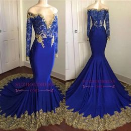 Off Shoulder Royal Blue Prom Dresses Sexy Sleeves Lace Appliqued Mermaid Evening Gown Long Formal Party Bridesmaid Dress BA