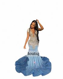 blue Sequins Mermaid Sier Mermaid Prom Dres 2024 For Black Girl Beaded Wedding Evening Dr Sheer Mesh Vestido p7VD#