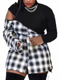 lw Plus Size Plaid Print Hollow-out Dr Women Summer Lg Sleeve Casual Asymmetric Dr Mock Neck Wrapped Skirt 1450#