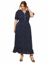gibsie Puff Sleeve Butt Frt Print Dr Women Elegant Vintage Ruffle Hem Dres Plus Size V Neck Casual Women Lg Dr L9yZ#