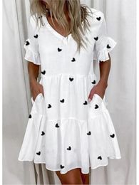 Fashion Ruffles VNeck Loose Mini Dresse Summer Elegant Short Sleeve Pockets Floral Print Dress 2024 Casual Beach 240321