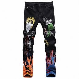 digital Printed Black Jeans For Male Flame Graphic Jeans Skull Lg Straight Fit Denim Pants d6qe#