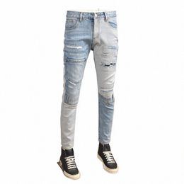 2022 Summer Jeans Men Streetwear Casual Pencil Pants Ripped Jean Light Blue Patchwork Slim Fit Denim Trousers g1oC#