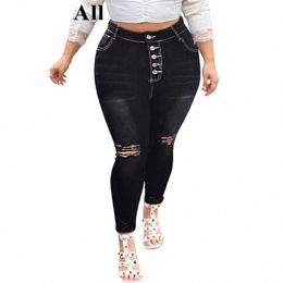plus Size Butt Up Sexy Ripped Hole Pencil Jeans 4XL women casual Stretchy Skinny Black Denim Pansts v3Rh#