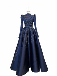 navy Satin Beaded Lg Sleeve Hijab Muslim Evening Dres Moroccan Caftan High Neck Formal Party Ball Gown Robe De Soiree a7Vu#