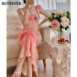 Casual Dresses BGTEEVER Spring Summer Square Collar Ruffles Ladies Floral Printed Dress Elegant Slim Waist Women Chiffon