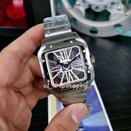 drop-Golg Mens Watches Square Skeleton 39mm size Watch All Stainless Steel Casual Business Quartz WristWatch226I