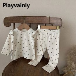 Spring Autumn Baby Girl Pajamas Beige Love Heart Print Pullover TopElastic Waist Pants born Home Wear Nightgown E41531 240325