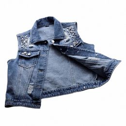 Frauen Revers Jacke Vintage Denim Weste Lose Fit Bead Decor Einreiher Hop Streetwear für Damen Herbst/Frühling Weste k6jH #