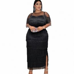 elegant Women Solid Short Sleeve Evening Plus Size Party Dres Summer Beach Tassel Woman 2022 Clothes Layered Fringe Dr I914#