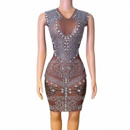 sexy Stage Sier Crystals Birthday Brown Dr Evening Celebrate Transparent Mesh See Through Performance Photo Shoot Gowns 46oT#