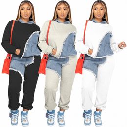 autumn Workout Denim Patchwork Women Two 2 Piece Set Outfit Sweatsuit 2022 T-shirt and Jogger Pants Matching Set Tracksuit t7wT#