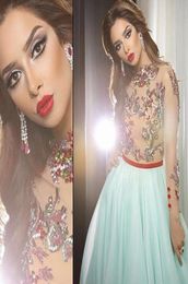 Myriam Fares Celebrity Dresses 2016 A Line Sheer Crew Neckline Beaded with Sweep Train Mint Organza Skirt and Three Quartes Long S9179599