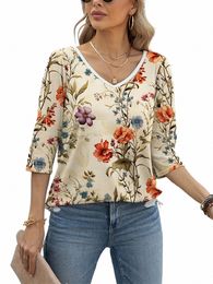 plus Size Casual Top, Women's Plus Colorblock Floral Print Half Sleeve V Neck Tunic Top b6sF#
