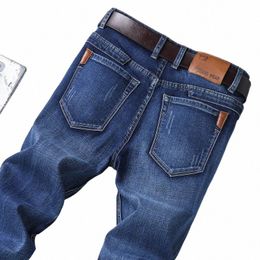 2024 Primavera Autunno Uomo Classici blu Jeans dritti larghi Busin Casual Cott Pantaloni in denim stretch Pantaloni maschili di marca nera 46vR #