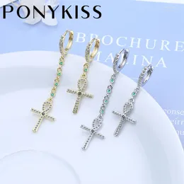 Hoop Earrings PONYKISS Trendy 925 Sterling Silver Asymmetry Cross Zircon 14K Gold Buckle For Women HipHop Fine Jewelry Drop