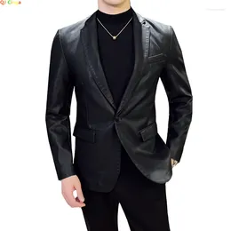 Men's Suits Black Single-button V-neck Blazer Jacket Fashion Casual Coat PU Fabric Outer Flap Pocket Outerwear M-4XL 5XL