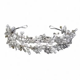 luxury Rhineste Pearl Bridal Crown Headband Leaves Wedding Hair Accories Jewellery Sier Handmade Party Headpiece Tiaras X7rw#