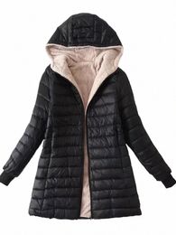 2023 Winter Mid-Length Hooded Cott Jacket Women Autumn Lightweight Plush Lining Solid Ladies Parka Loose Female Zipper Outwear t30I#