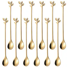 Spoons Long Handle Iced Tea Set Ice Cream Spoon Creative Gold Leaf Cocktail Stirring Mirror Finis