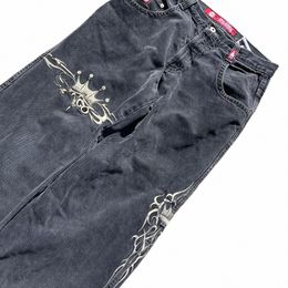 streetwear JNCO Jeans Retro Hip Hop Graphic Embroidered Baggy Jeans Black Pants Mens Womens Gothic High Waist Wide Leg Trousers A9MD#