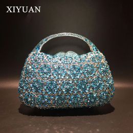 Women ChampagneBlue Colour Stone Evening Bags Purses and Handbags Wedding Party Dinner Crystal Flower Clutch Minaudiere Bag 240326