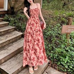 Casual Dresses French Rose Print Lace Dress For Women Summer Autumn Design Sense High Waist Wrapped Chic Strap Long Wholesale