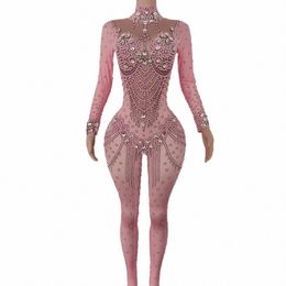 luxury Crystals Stretch Tight Pink Jumpsuits Nightclub Party Prom Ds Dance Leotard Showgirl Costumes Celebrate Birthday Wear S6p8#
