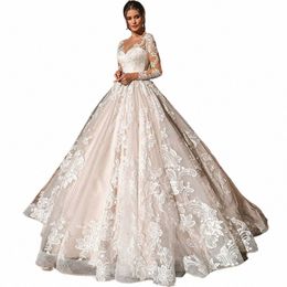 ramanda Exquisite Lace Appliques Ball Gown Lg Sleeves Wedding Dr For Bride Butts Illusi Back Court Train Bridal Gown e7vA#