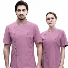 short Sleeve Chef Jacket for Men Women Pink Restaurant Waiter Uniform Pastry Cook Shirts q56S#