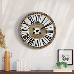Wall Clocks Creative Wooden Clock European Style Roman No Punching Silent Living Room Hanging Quartz