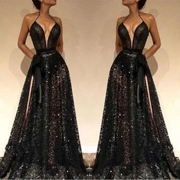 Split Side High Black Sexy Prom Dresses Halter Neck A Line Full Lace Sequin Backless Designer Evening Gowns BC