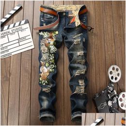 Men'S Jeans Mens 2021 Brand Men European American Style Tiger Of Embroidery Knees Holes High Quality Size 29-38 0795 Drop Delivery Ap Dhiwu