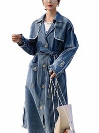 spring Autumn Denim Trench Women Fi Lapel Single Breasted Denim Jacket Lady Vintage Pockets Lace-up Lg Jean Coat r7St#