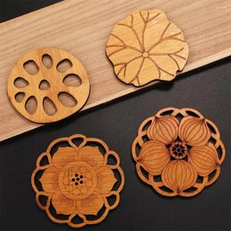 Table Mats Hollow Lotus Drink Coasters Wooden Round Cup Mat Tea Coffee Mug Placemat Home Decoration Kitchen Accessories