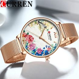 CURREN Women Watch Top Brand Luxury Gold Female Waterproof Clock Mesh Stainless Steel Bracelet Flower Ladies Wristwatch 9059 240323