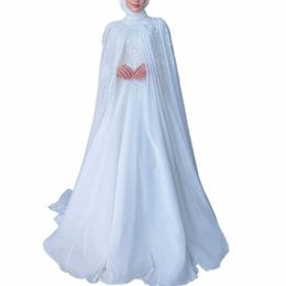 elegant Muslim Wedding Dres with Cape High Neck Lg Sleeves Sweep Train Chiff Appliques Beading Hijab Bride Bridal Gowns h5JG#